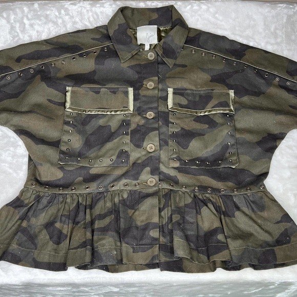 Joie Samia Camo Fatigue Ruffle Hem Peplum ¾ Sleeves Button Up Cargo Jacket Sz S - Picture 3 of 11